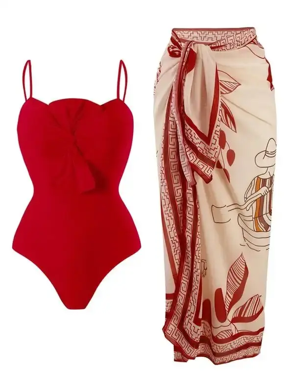 Women's Twist One-piece Swimwear & Leaf Print Tie Front Cover Up Skirt Set, Boho Fashion Adjustable Strap Swimwear Set for Beach Holiday Vacation, Ladies Swimsuit for All Seasons, Curve Swimwear Uk, Outfits, Swimsuit Cover Ups