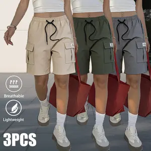 3-pack summer women’s cargo shorts featuring an elastic waistband, side pockets, and a drawstring design; durable and wear-resistant, multi-pocket layout, breathable and skin-friendly, suitable for outdoor activities and everyday wear. Summer vibe