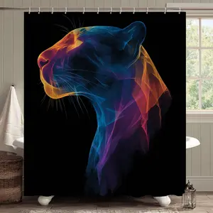 1/4 PC neon line style shower curtain, featuring a colorful light and shadow cheetah head pattern, ideal for decorating modern and stylish bathrooms. The bathroom decor set includes a shower curtain, non-slip bath mat, toilet lid cover, bathroom rug and