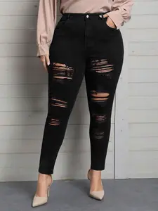 Spring Summer New Large Size Womenswear High Waist Ripped Slim Fit Jeans, Elegant Sexy Streetwear Style, Big Ripped Design, Fashionable Denim Jeans