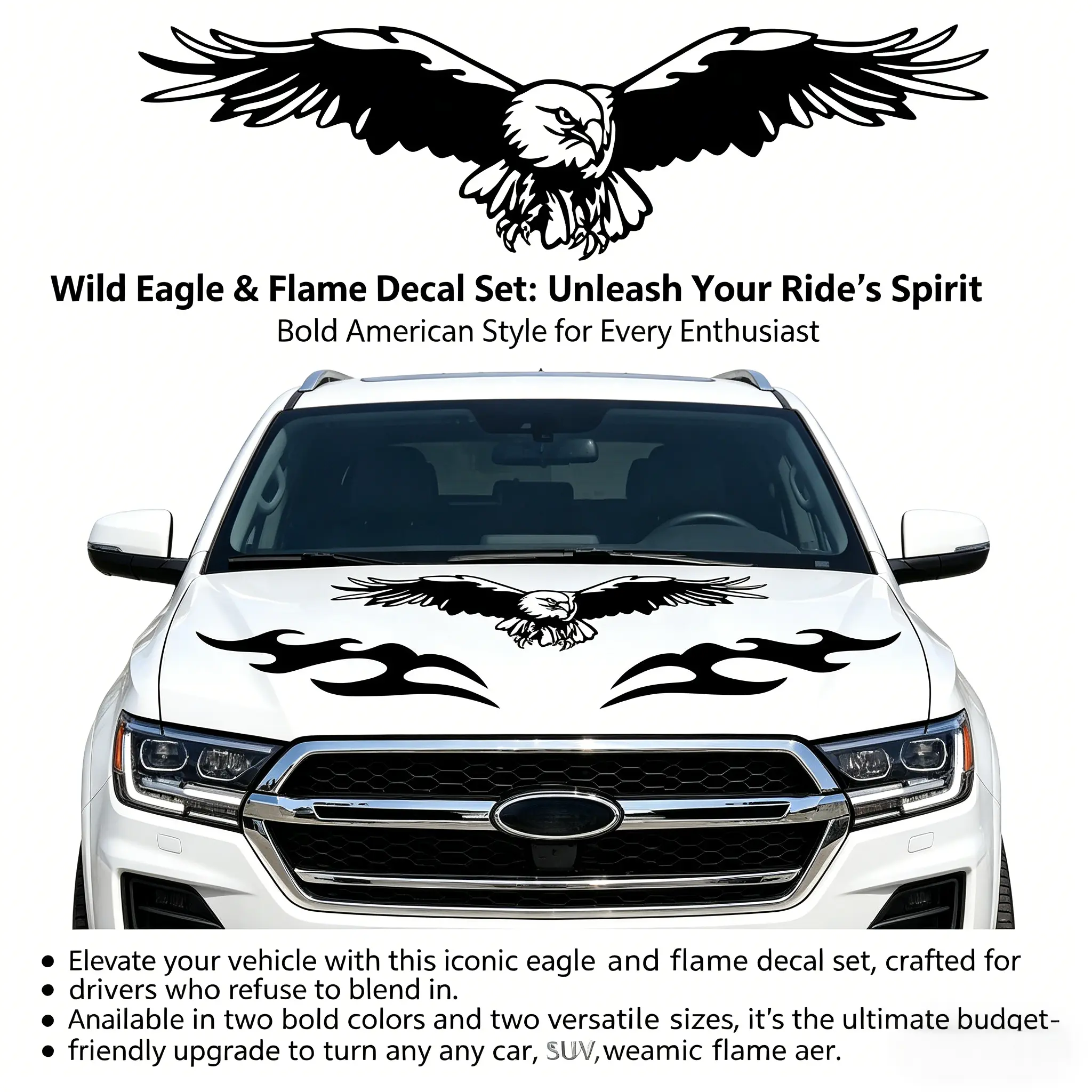 Wild Eagle & Flame Vinyl Car Decal Set - Bold American Style Automotive Decals, Universal Car Sticker, 2 Sizes Vehicle Exterior Decoration, Hood Accessory for Trucks & SUVs, Smooth Exterior Customization for Everyday Driving, Decals For Vehicles