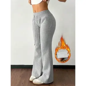 Casual Low-Waist Drawstring Waist Elastic Sports Pants Flared Pants Sweatpants Thermal Lined Composite Velvet Suitable For Autumn And Winter