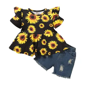Girl’s 2Pcs Summer Clothes Suit, Sunflower Printed Ruffled Hem Short Sleeve Tops with Short Ripped Jeans