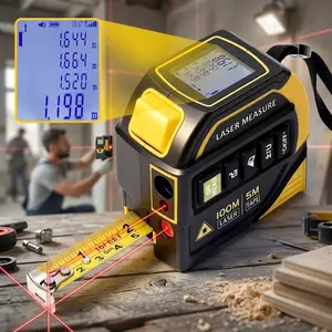 4-in-1 Digital Laser Tape Measure with Cross-Line Laser, 328Ft High-Precision Rechargeable Distance Meter & 16Ft Auto-Lock Tape, Backlit LCD Display, Waterproof, 3 Units, for Home DIY & Professional Construction