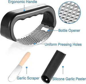 2 in 1 Stainless Steel Garlic Press Rocker, Curved Garlic Crusher Mincer with Bottle Opener Silicone Tube Peeler and Scraper Anti-slip Handheld Garlic Rocker Garlic Mincer Tool Easy to Operate Clean Brand: N/H