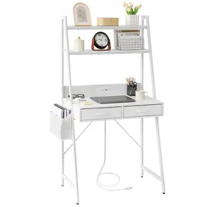 Freestanding Ladder Desks with Power Outlets, Small Home Office Study Reading Desks with 2 Fabric Drawers and Side Bag, 2 Tier Shelf Computer Gaming Desk, Modern Vanity Desk (White)