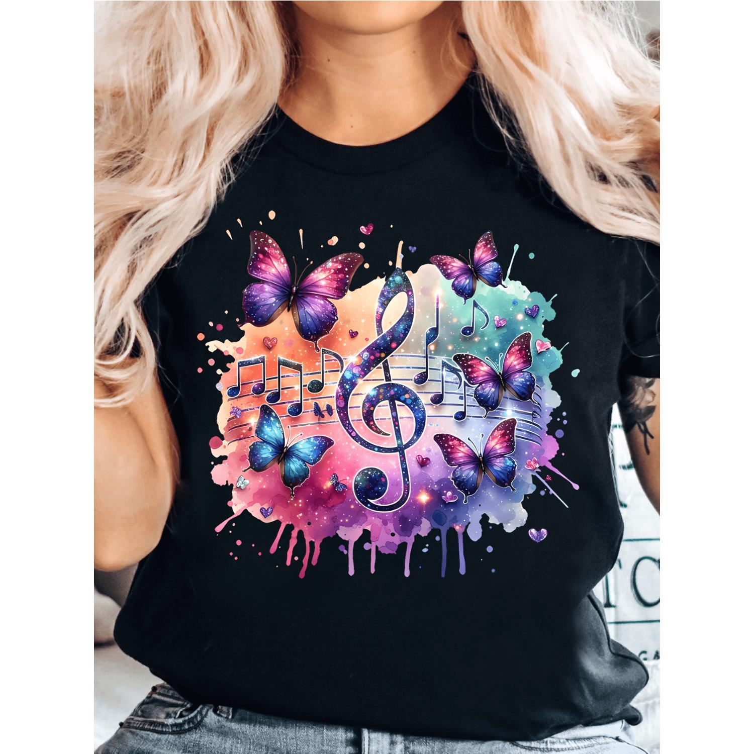 Women'S Colorful Music Note & Butterfly Print T-Shirt - Casual Crew Neck