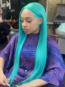 Teal Wig 13x4 Lace Front Wig Mint Blue Long Straight Wig HD Transparent Lace Pre Plucked Natural Hairline Heat-Resistant Synthetic Wig Free Parting Concert Music Festival Look Lace Frontal Wigs for Women Party Cosplay Stage 28 Inches