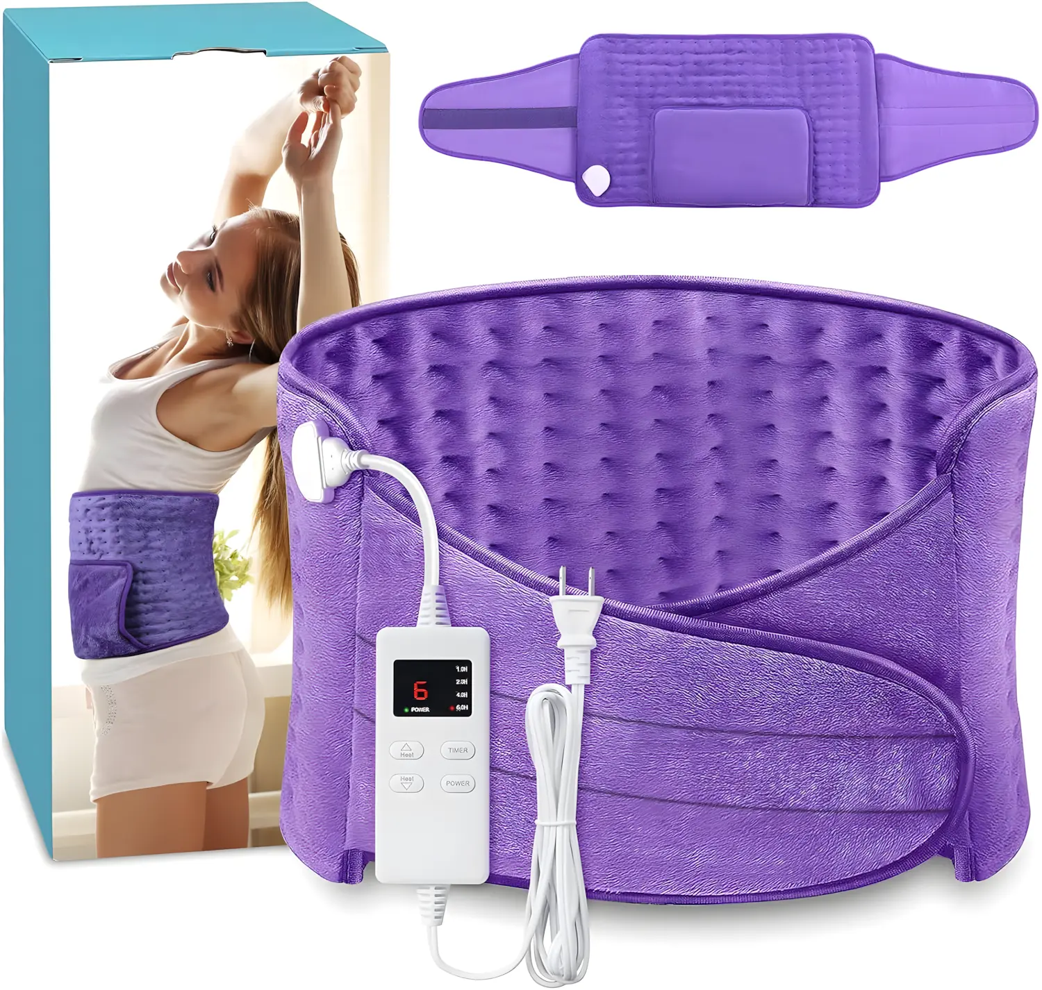 AsFrost Heating Pad - Electric Menstrual Heating Pad, 12x24in Plug-In Wrap with 20in Soft Fabric Belt, Adjustable Size, 6 Heat Levels, 4 Timers, 6-Hour Auto Shut-Off for Lower Back Pain Relief, Athlete Gift Cordless Vibration Wearable Heated Sherpa