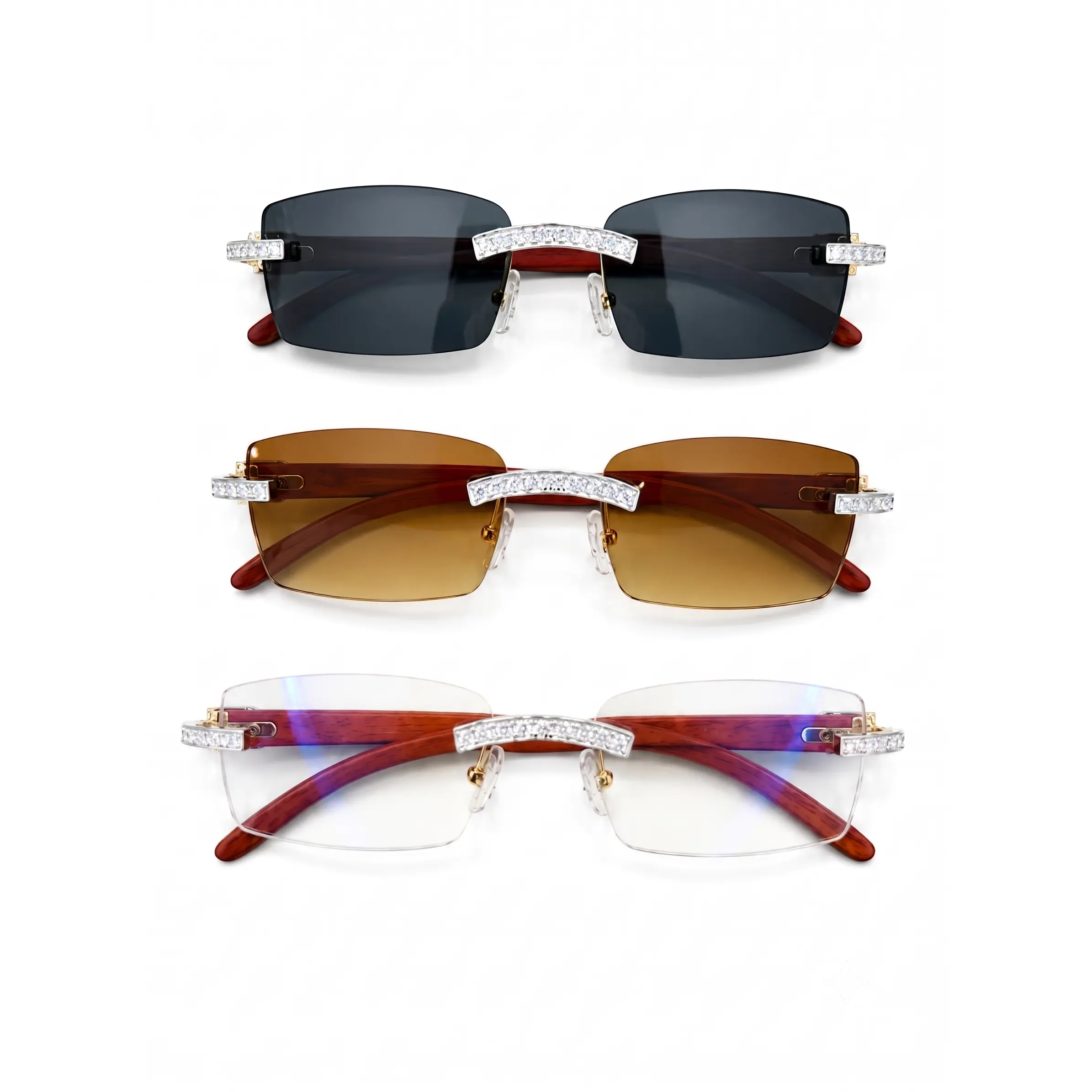 Moissanite Iced-Out Wood Temple Metallic Rimmed Super-Thin 2-Tone Rectangle Non-Prescription Eyeglass Frames & Glasses, Rimmed Non-Prescription Glasses, Super-Thin Non-Prescription Glasses