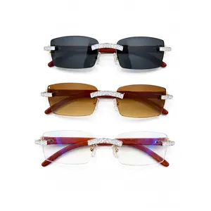 Moissanite Iced-Out Wood Temple Metallic Rimmed Super-Thin 2-Tone Rectangle Non-Prescription Eyeglass Frames & Glasses, Rimmed Non-Prescription Glasses, Super-Thin Non-Prescription Glasses