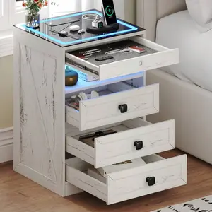 Nightstand  Lockable Gun Drawer,Farmhouse Bedside   Charging Station And 3 LED Lights, Modern Night Stand  3 Drawers,Glass Top End Side  For Bedroom tv with Table