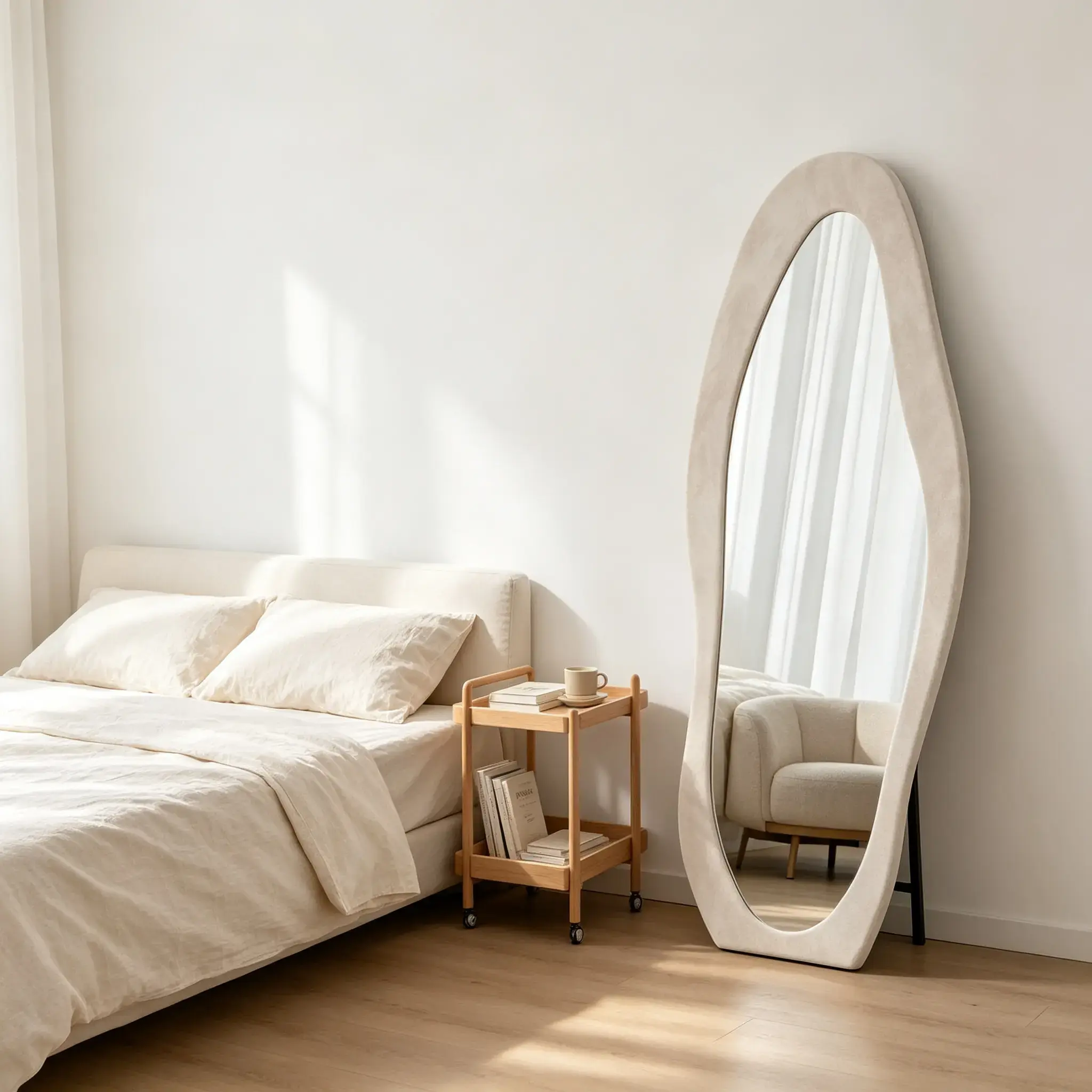 63"x24" White Irregular Wavy Full-Length Mirror - Flannel-Wrapped Wooden Frame, Floor-Wall Mountable, for Bedroom Makeup Vanities, Indoor Furniture Room Decor, Mirrors Full Length