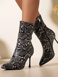 Women's Stylish Snake Print High Heeled Ankle Boots, Comfortable Casual Footwear for Any Occasion, Effortlessly Elevate Your Fashion Game