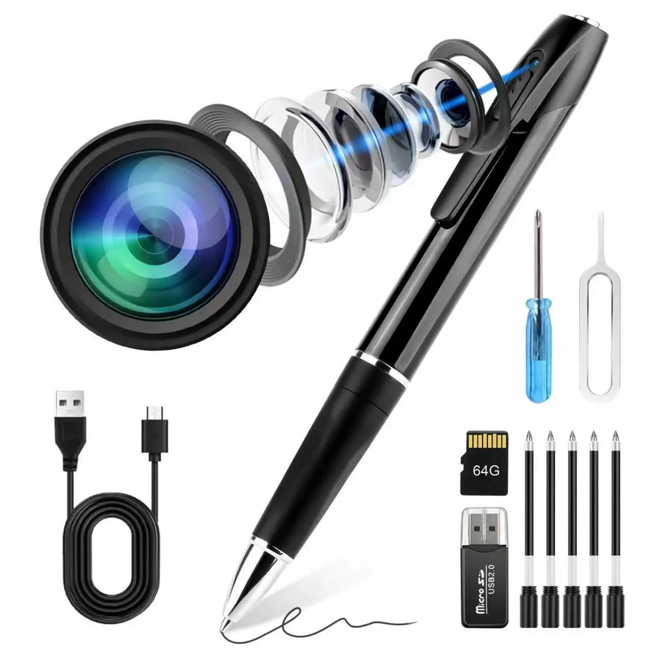 Compact Portable Mini Camera Pen - 1080P High-Definition Recording Vlogging Device, 64GB Card, USB Charging, Versatile Use Security Tool