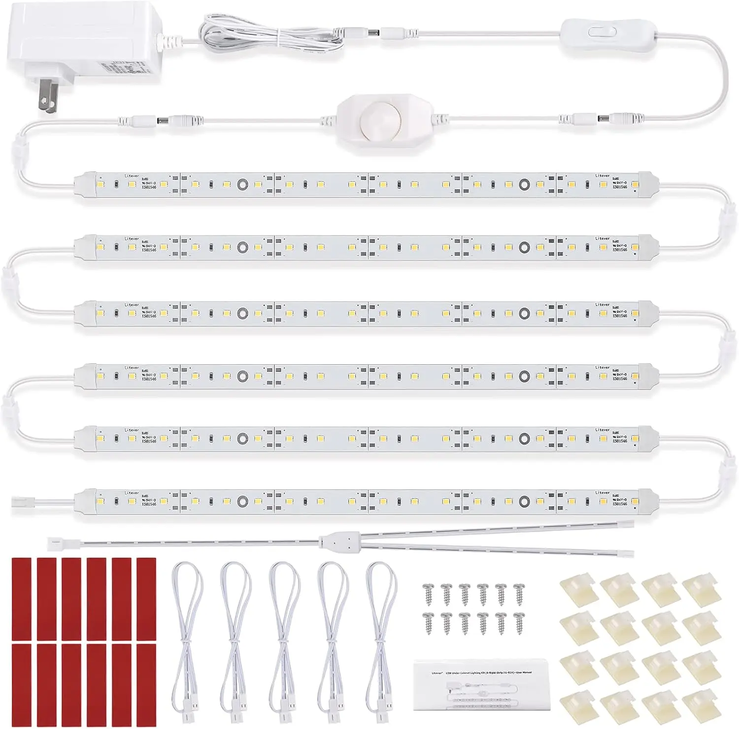 Under Cabinet LED Lighting Kit for Kitchen Cabinets Counter Shelf Bookcase Closet.6 PCS 12 Inches LED Light Strip with Adapter Switch Dimmer Extension Cable.Plug in.Dimmable.Daylight White 5000K., All