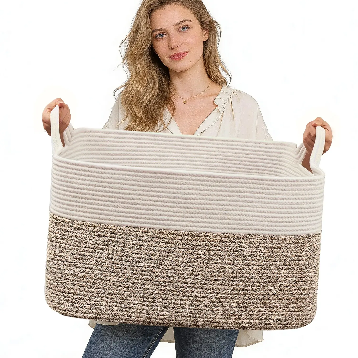 Woven Household Storage Baskets for Organizing, Soft Rope Basket with Handles, Cube Baskets for Shelves, Laundry Hampers, Laundry Organizer, Laundry Sorting Basket, Magazine & Newspaper Baskets, Home Storage Supplies