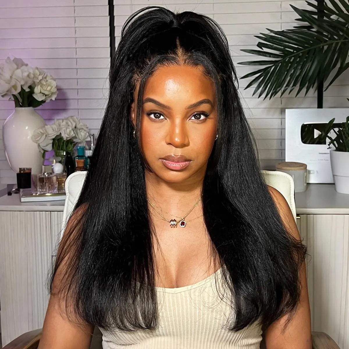 OQ HAIR Yaki Straight Pre Cut 7x5 Lace Wear Go Glueless Wigs Pre Bleached Tiny Knots Human Hair Wigs