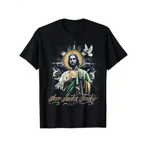 San Judas Tadeo Saint Jude Thaddeus Graphic T-Shirt - 100% Cotton 220gsm Breathable Relaxed Fit Unisex Tee with Vibrant Religious Artwork, Holiday Gift for Men & Women (Black, S-XXXL), Fitness Apparel, Street Style Shirt, Comfortable