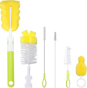 WQD Home Baby Bottle Cleaning Brush Set 6-Piece Detachable Sponge Bottle Brush, Nylon Bottle Brush, 2 Pacifiers Brushes, 2 Straw Brushes Flexible Rotating Sponge Head Cleaning Tool Kit