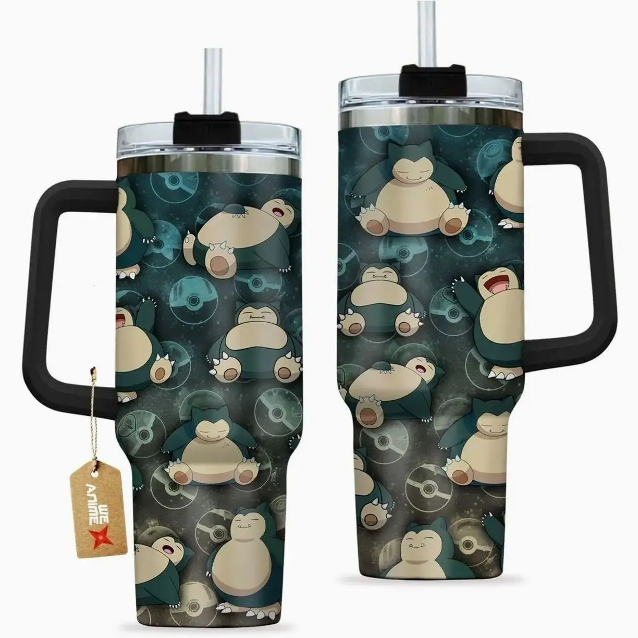 [Sip40 Otaku] Snorlax 40oz Tumbler With Handle – Anime Gaming Stainless Steel Cup, Snorlax Sleepy Graphic Tumbler, Double Wall Iced Coffee Cup, Cute Style Drinkware, Gift for Anime & Gaming Fans