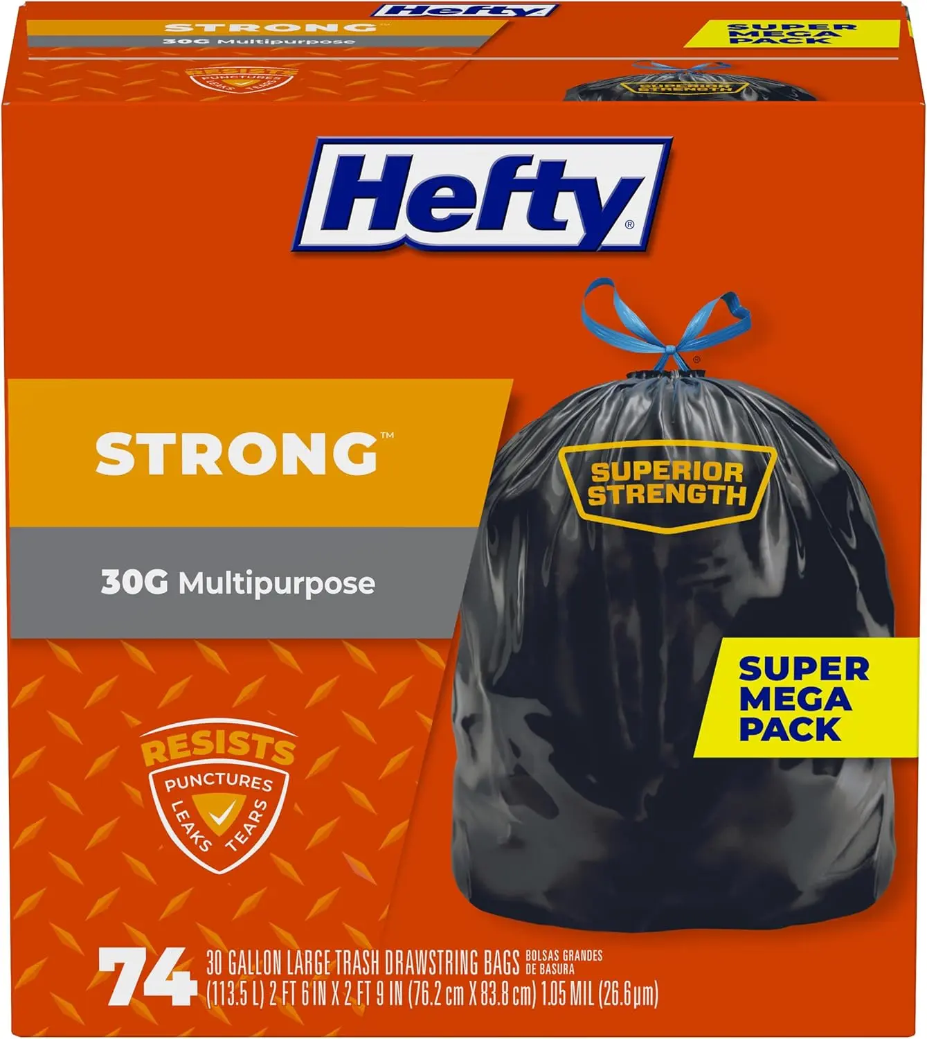 Hefty Strong Plastic Kitchen Trash Bags, 30 Gal, Drawstring-Closure, Black, Unscented, 74-Count