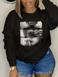 Women's Casual Loose Round Neck Drop Shoulder Sweatshirt With Figure Print, Spring & Autumn,Long Sleeve Tops Casual Fall Outfit
