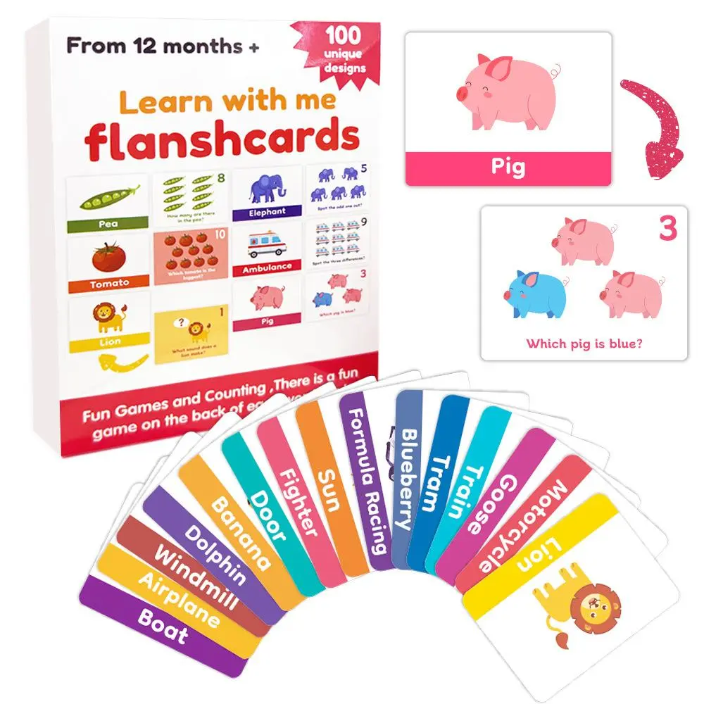 Double Sided Toddler Cognitive Draw and Recognize Interactive Cards, 100pcs/set Animal & Fruit & Number Learning Card, Educational Supplies, Flashcards