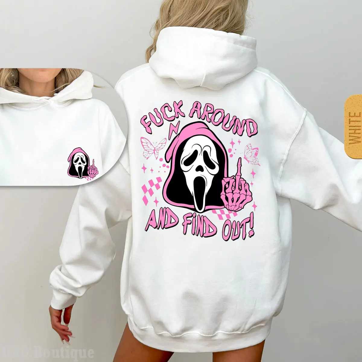 Scream Skeleton Spooky Fck Around And Find Out Sweatshirt, 2 Side Halloween Ghost Face Hoodie, Fall Tee, Coffee Lover Fall Tee, Halloween Casual Sweatshirt Hooded Outfiter Gift For Best Friend HusBand Wife