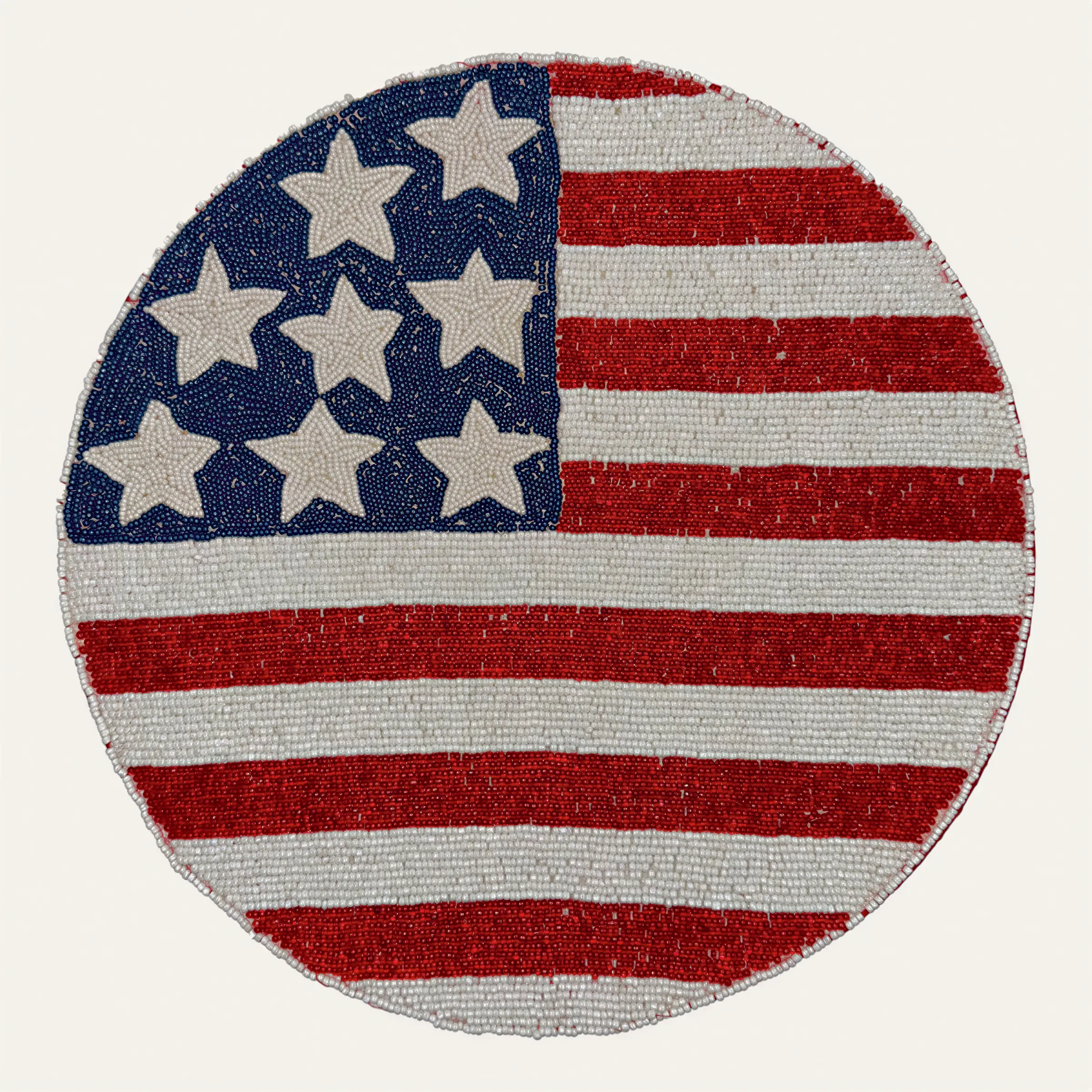 USA Flag Round Beaded Placemats - Sturdy, Lightweight, Embroidered, Traditional Kitchen Tableware with Satin Backing, Handmade Table Top Decor