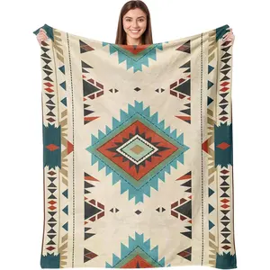 Boho Aztec Throw Blanket 50"x 60", Western Indian Native American Blanket Southwestern Decor, Beige Soft Cozy Lightweight Throws Blankets Gifts for Women Men Couch Bed Sofa Chair