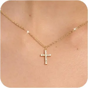 Women's Dainty 14k Gold Plated Cross Emblem Necklace - Layered Gold-Tone, Long Length Costume Jewelry for Fashion Accessory Enthusiasts, Cross Emblem Necklaces, Layered Gold-Tone Necklaces