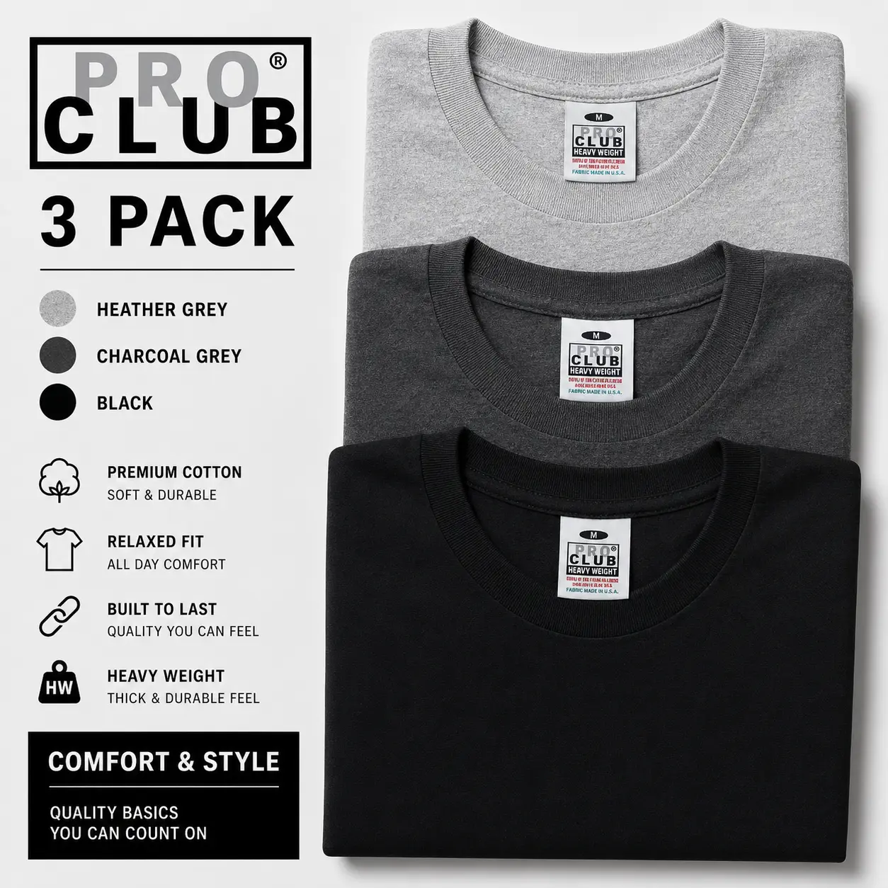 3 PACK PRO CLUB  Heavyweight T-Shirts Charcoal/Heather/Black