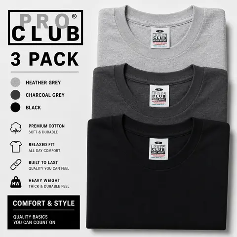 3 PACK PRO CLUB  Heavyweight T-Shirts Charcoal/Heather/Black