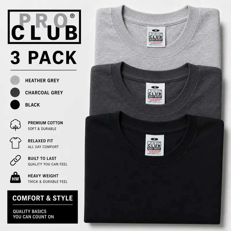 3 PACK PRO CLUB  Heavyweight T-Shirts Charcoal/Heather/Black