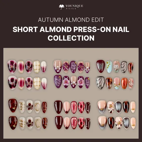 Younique Nails Short Almond Press-On Nail Set, Handmade Reusable Acrylic Luxury Fake Salon-Quality Kit with Gold Nude, Sea Blue Floral, French Tip, Jewel, Cat, Multi Pearl Details for Halloween, Holiday Wear, S, Press On Nail Sets
