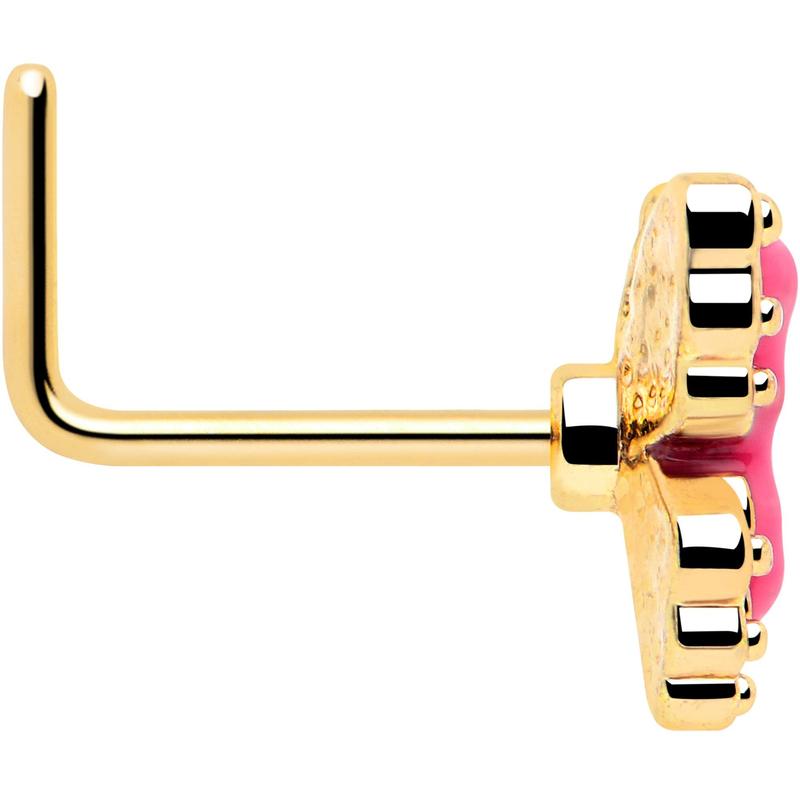 20G 7mm Gold Tone Butterfly Pink Splash L Shape Nose Ring