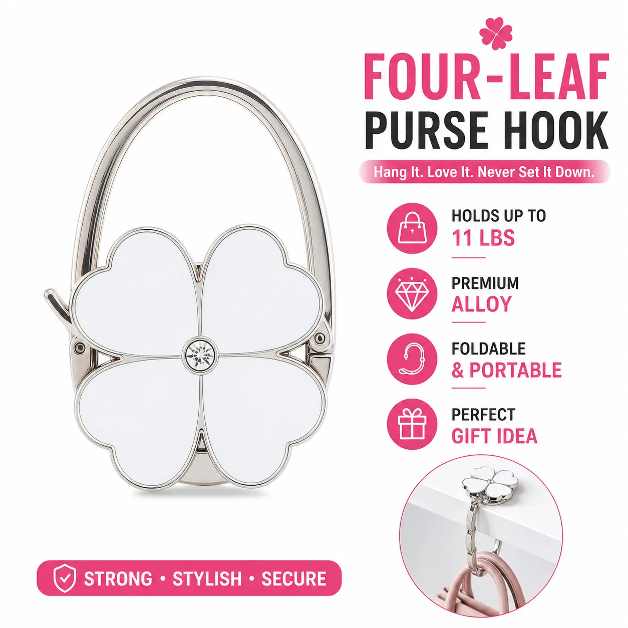 Clover Purse Hook for Table, Foldable Portable Handbag Holder, Lucky Clover Design Bag Hanger for Restaurants, Cafes & Travel, Space-Saving Purse Holder