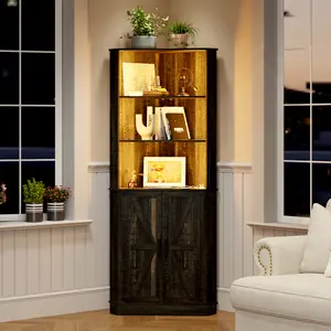 Dystler Farmhouse Corner Cabinet with LED Light, 67" Tall Bathroom Cabinet with 2 Doors and 3 Tier Shelves, Free Standing Corner Storage Cabinet for Living Room or Kitchen