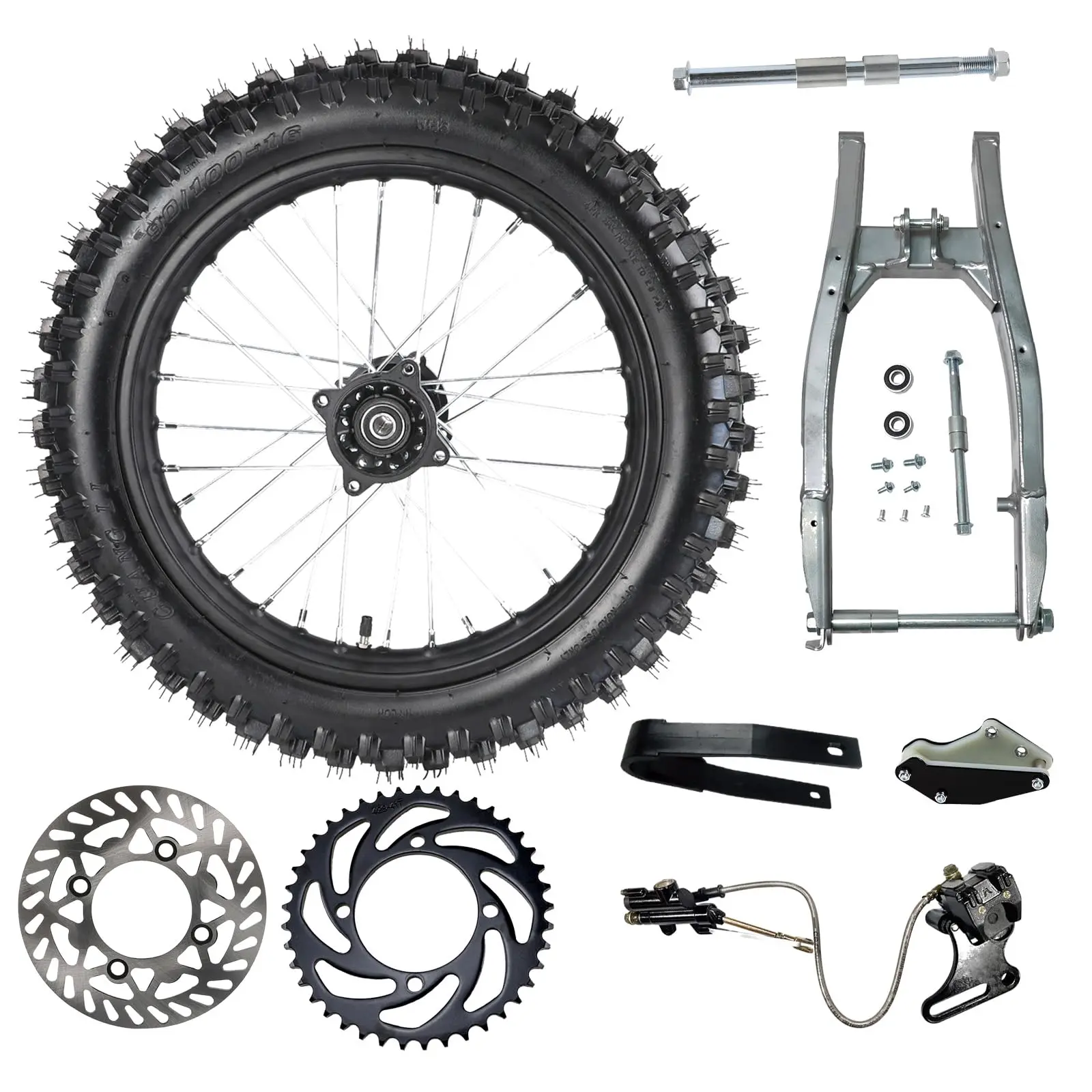 90/100-16 Pit Bike Wheel with Rear Swing Arm Kit, Disc Brake Rotor, Rear Chain Sprocket, Brake Caliper, Rim Axle, Chain Swingarm Guard for Dirt Pit Pocket Monkey Trail Bike Scooter Offroad Motorcycle