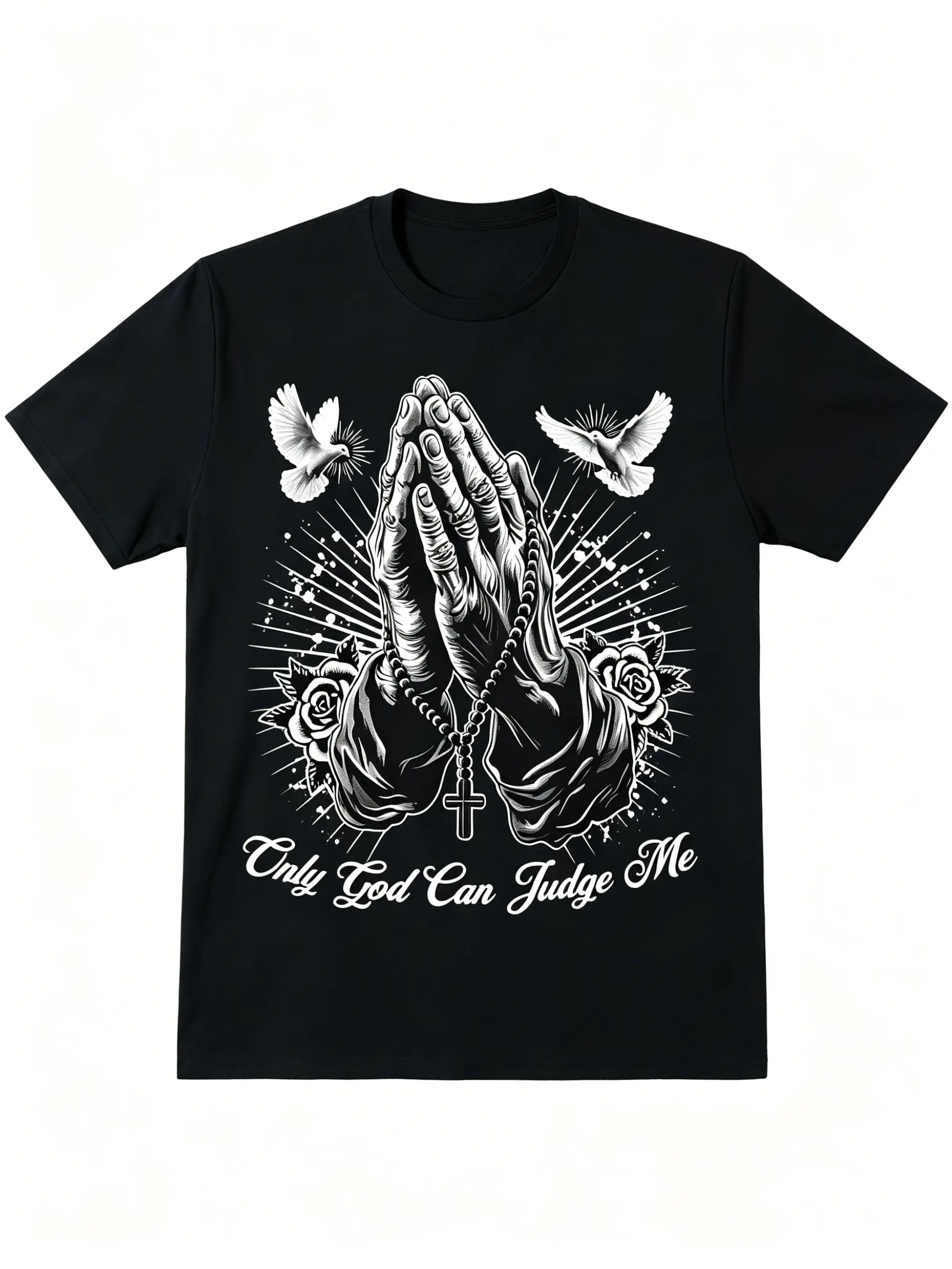 Summer t Shirts Can Judge Me Prayer Hands Chicano Tattoo Doves T-Shirt Streetwear Round Neck