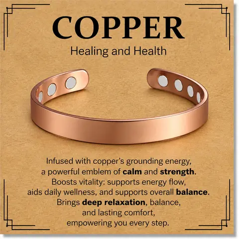 Adjustable Copper Magnetic Bracelet for Men & Women - Healing Bangle for Pain Relief, Grounding & Electromagnetic Protection