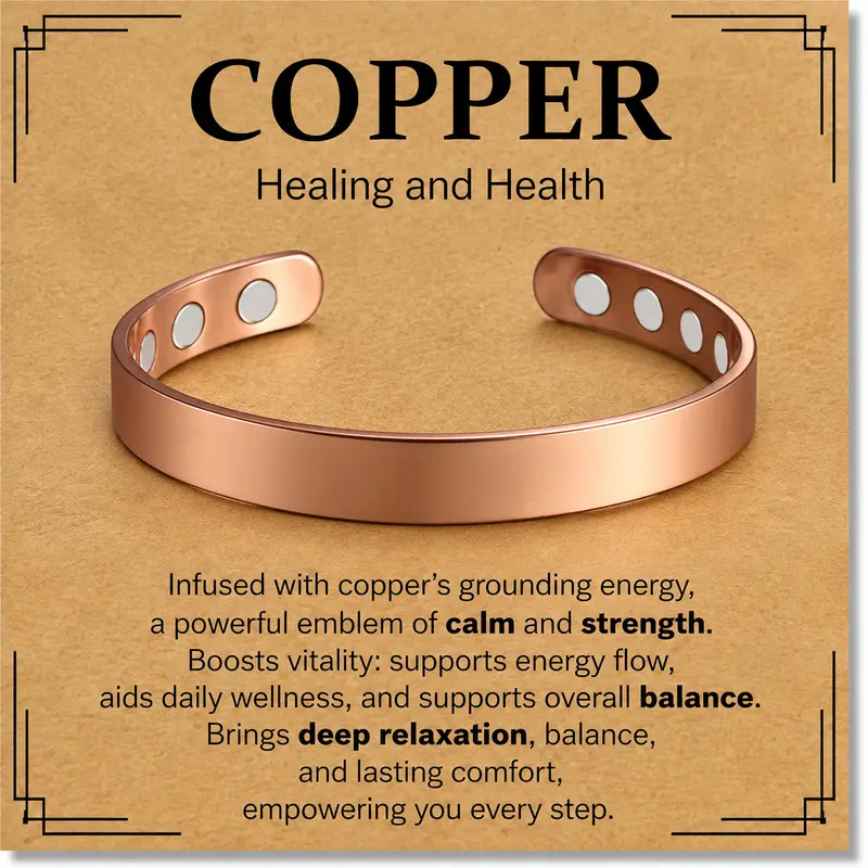 Adjustable Copper Magnetic Bracelet for Men & Women - Healing Bangle for Pain Relief, Grounding & Electromagnetic Protection