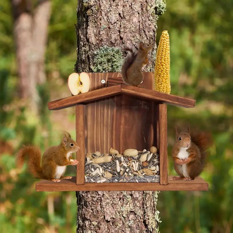 Wooden Squirrel Feeder Set, Winter Outdoor Squirrel Feeder, Corn and Peanut Wooden Nuts Feeder, Durable Box Easy to Fill, Removable Front Panel