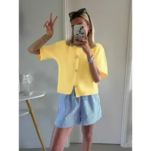 Women's solid color button up front cardigan, summer casual short sleeved cardigan, women's knitted daily wear, knitted topRAIMENTRY