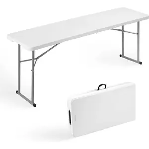 Folding Table 6FT Narrow Portable Foldable Plastic Heavy Duty Long Table, Fold-in-Half with Carrying Handle for Indoor Outdoor Meeting, Buffet, Party, Wedding, Home Work, 6 Foot, White