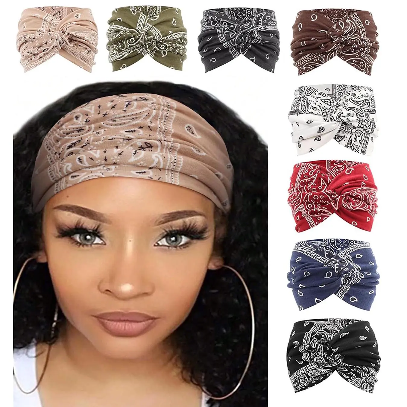 8 Pcs Women's Boho Retro Hairbands, High Elastic All over Print Wide Band, Yoga Running Special, Sweat Absorbent Breathable Comfort, Sweat Absorbing Headband, Training Headband, Elastic Fashion Headbands, Workout Headband