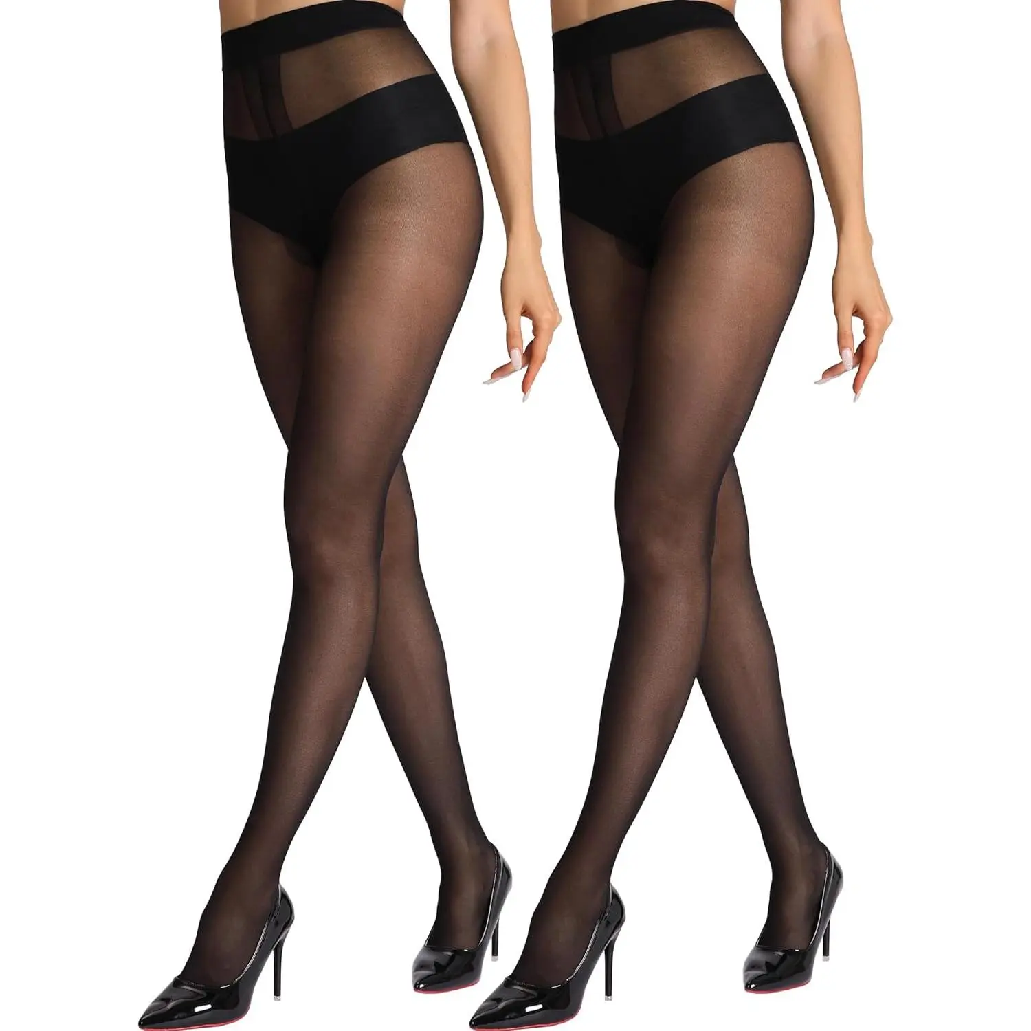Women's 2-Pack Sheer Tights, Seamless Control Top Pantyhose with T-Crotch, Smooth 20D Nylon Blend for Office, Events & Everyday Wear, Style, Comfortable, Semi-Sheer, All Seasons, Daily, Jeans Pairing, Full Length, Casual, Lightweight, Reinforced T-Crotch,
