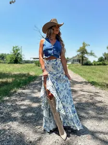 Skirts for Women 2025 Casual High Waisted Wrap Beach Boho Skirt Summer Flowy Ruffle Maxi Skirt with Slit