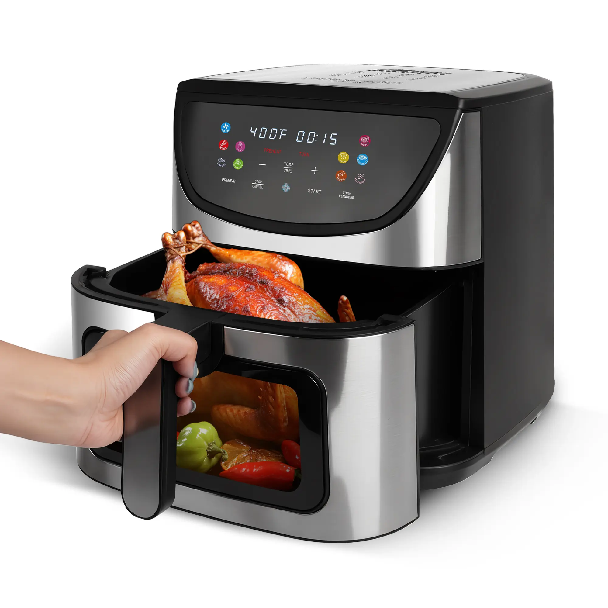 MIRASTON 8.5QT Large Capacity Air Fryer with Color Tilt-Screen, Better Viewing Angles, 10 Smart Presets, Visible Cooking Window, Stainless Steel, 1500W